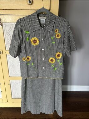 Vintage 1990’s Gingham Sunflower Dress & Jacket. Size 8. Linen Blend.